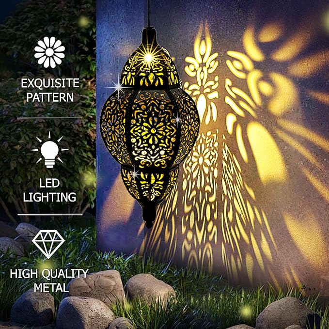 Hanging Solar Lantern Outdoor Decor, Moroccan Solar Lights for Outside Garden Decorations, Waterproof Solar Lanterns Garden Gifts for Mom, Women, Patio, Yard Ornament
