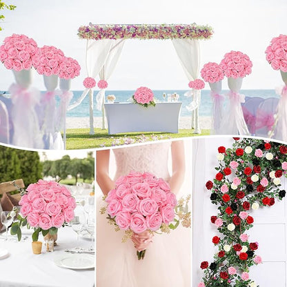 Nubry 50pcs Artificial Silk Roses Bulk,Fake Roses Flower with Stems Realistic Flowers for Wedding Centerpiece Home Party Decor(Pink)
