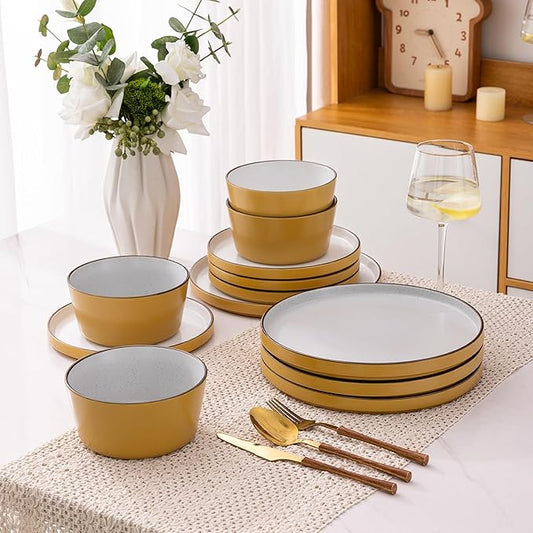 AmorArc Dinnerware Set for 4,12 Pieces Ceramic Plates and Bowls Set, Handcrafted Speckled Stoneware Tableware, Dishwasher & Microwave Safe Dishes - (Service for 4)
