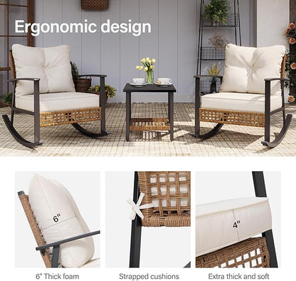 LAUSAINT HOME 3-Piece Rocking Bistro Set, Outdoor Chair Patio Furniture with Thick Cushions and 2-Tier CoffeeTable, Oversize Rattan Conversation Set for Garden, Balcony, Backyard (Beige)