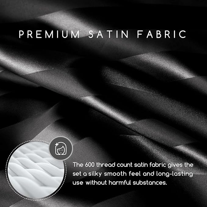 MR&HM Satin Bed Sheets, Full Size Sheets Set, 4 Pcs Silky Bedding Set with 15 Inches Deep Pocket for Mattress (Full, Black Striped)