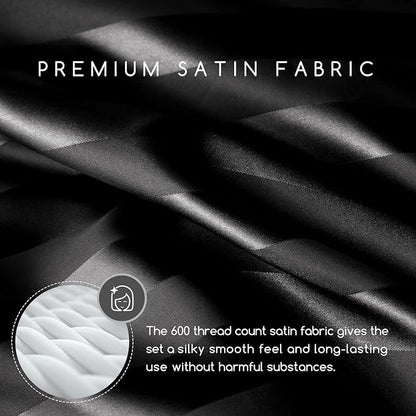 MR&HM Satin Bed Sheets, Full Size Sheets Set, 4 Pcs Silky Bedding Set with 15 Inches Deep Pocket for Mattress (Full, Black Striped)