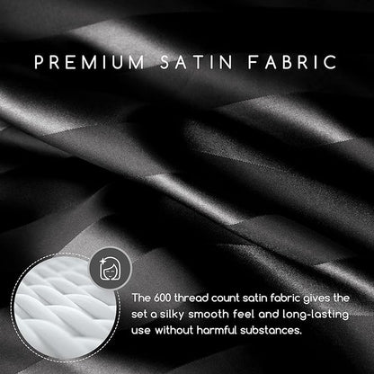 MR&HM Satin Bed Sheets, Twin Size Sheets Set, 3 Pcs Silky Bedding Set with 15 Inches Deep Pocket for Mattress (Twin, Black Striped)