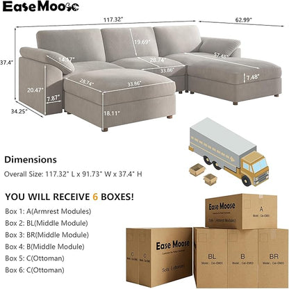 EASE MOOSE Oversized Modular Sectional Sofa, Extra Large U Shape Sectional Cloud Couch,Comfty Deep Modular Sofa with Ottoman for Living Room，Light Gray