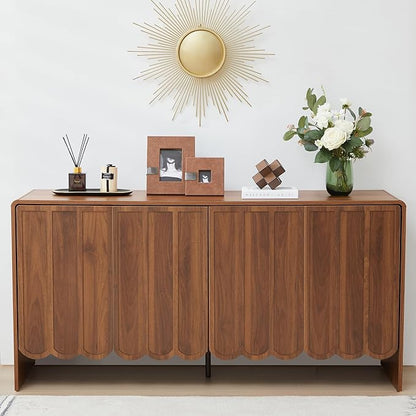 ORRD Sideboard Buffet Cabinet, Accent Storage Cabinets with 4 Doors, Farmhouse Wood Cabinet with Adjustable Shelves and Wave Panel for Living Room, Dining Room, Entry - Walnut