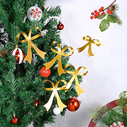 12 Pcs Christmas Metal Bow Ornaments Gold Christmas Tree Hanging Ornaments Bow Tree Topper Gold Bow Decoration for Christmas Tree Garland Wreath Indoor Outdoor Decor