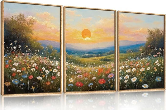 HOURIA Boho Sunrise Wildflower Framed Canvas Wall Art Set,Watercolour Nature Inspired Landscape Wall Decor,Colorful Floral Scenery Artwork,Modern Art Prints for Living Room,Bedroom,Farmhouse-16"x24"x3