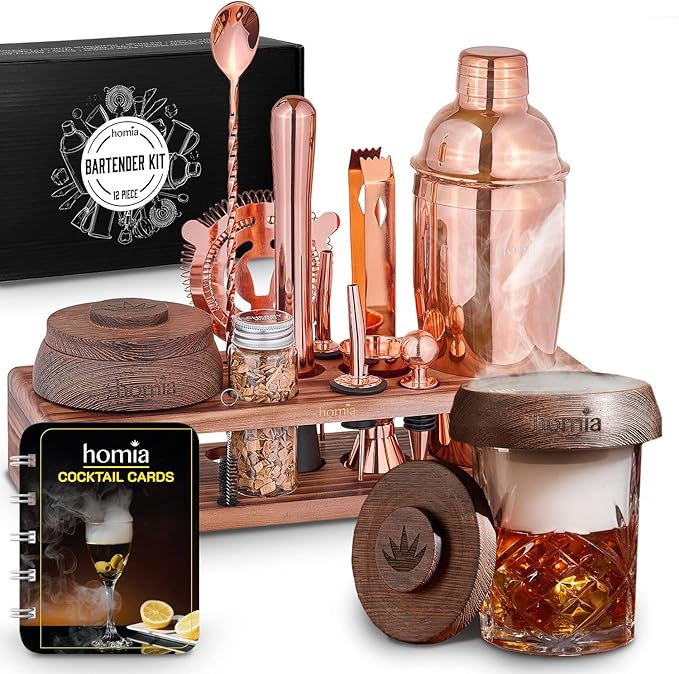 Bartender Kit with Whiskey Smoker - 13 pcs, Pine Stand - Bar Set with Cocktail Shaker, Bartending Kit with Essential Bar Accessory Tools, Wood Chips, Pink Gold