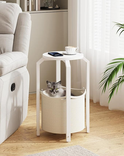 TUTOTAK Small Side Table, Round End Table, Night Stand, Bedside Table, Sofa Table with Storage Basket, Living Room, Bed Room, White TB01BW092