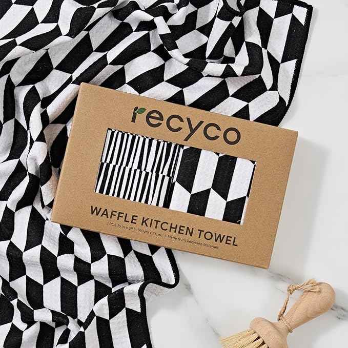 RECYCO Waffle Kitchen Towels Set of 2 Quick Dry Microfiber Sustainable Lightweight Hand Towels Black White Mirage 16x28