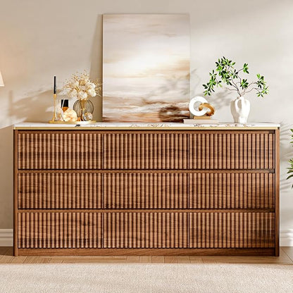 Fluted Dresser for Bedroom with 9 Drawers,62.99" Modern Chest of Drawers with Faux Marble Top, Curved Profile Design,Dresser TV Stand, Wood Drawer Organizer for Living Room, Hallway, Brown