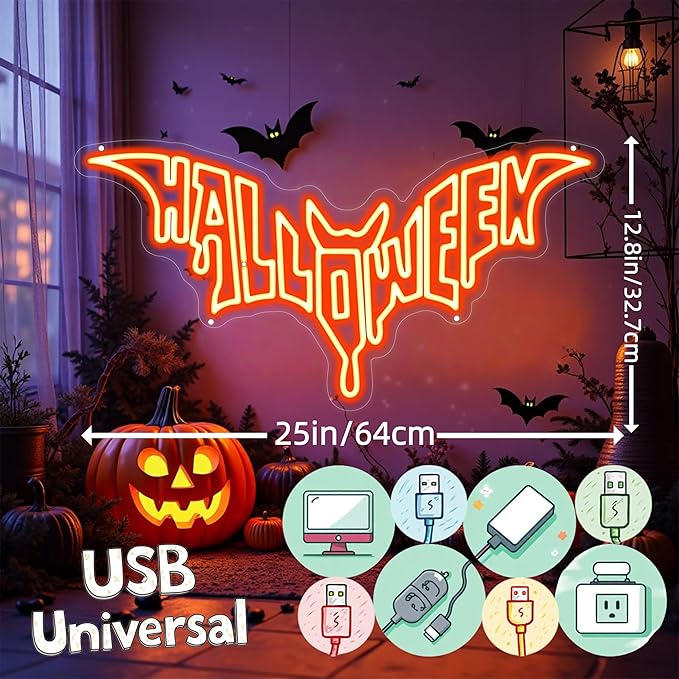 Halloween Bat Shaped Neon Sign Spooky Red LED Wall Decor For Haunted House Party Gothic Bar Room Glowing Halloween Decoration Outdoor Use Bedroom Home Decor Bar LED Decoration Light-Orange