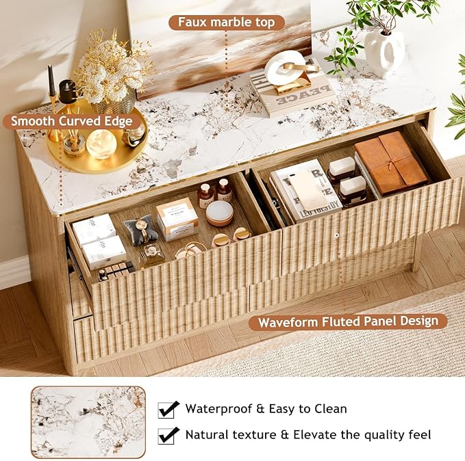 Fluted Dresser for Bedroom with 6 Drawers, 47.2" Modern Chest of Drawers with Faux Marble Top, Curved Profile Design,Dresser TV Stand, Wood Drawer Organizer for Living Room, Hallway, Oak1