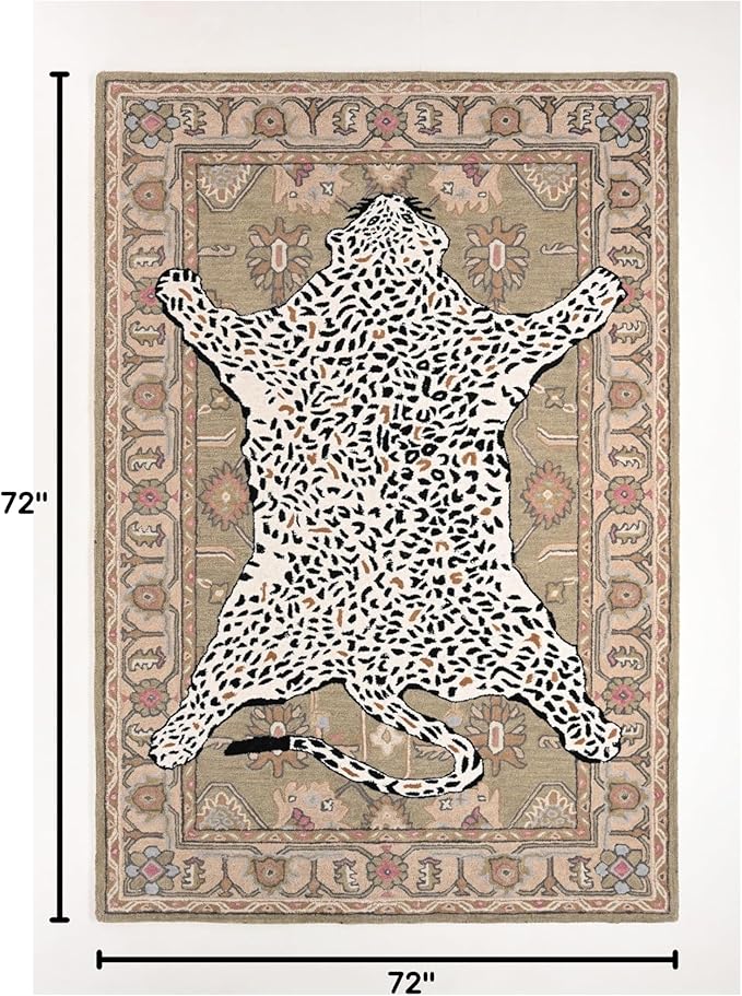 Handmade Leopard Wool Area Rug with Traditional Oushak Motif – Exquisite Animal Print Cheetah Rugs for Living Room, Bedroom | Plush Texture, Vintage Style, Thick & Durable Carpet (Neutral, 6' Round)