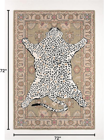 Handmade Leopard Wool Area Rug with Traditional Oushak Motif – Exquisite Animal Print Cheetah Rugs for Living Room, Bedroom | Plush Texture, Vintage Style, Thick & Durable Carpet (Neutral, 6' Round)