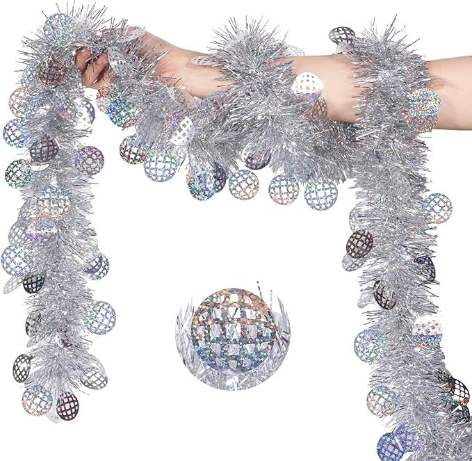 LOAVER 33 FT Christmas Silver Disco Ball Tinsel Garland,Metallic Tinsel Twist Garland Shiny Hanging Decoration for Christmas Tree Disco Party Home Supplies Staircase Railing Indoor Outdoor Decor