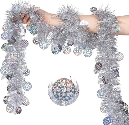 LOAVER 33 FT Christmas Silver Disco Ball Tinsel Garland,Metallic Tinsel Twist Garland Shiny Hanging Decoration for Christmas Tree Disco Party Home Supplies Staircase Railing Indoor Outdoor Decor