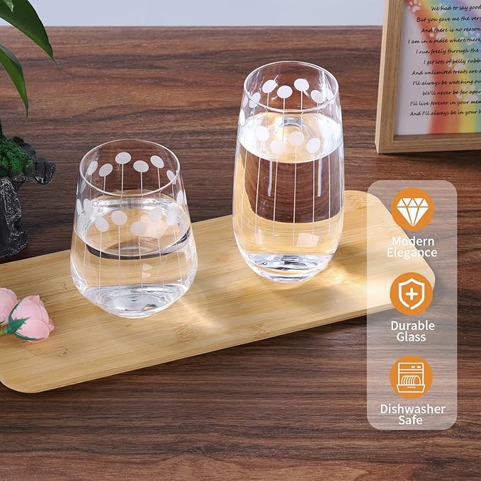Set of 8 Etched Drinking Glasses, Hand Blown, 4 Highball Glasses 18oz & 4 Stemless Wine Glasses 15oz, Clear Water Glass Cups with Abstract Pattern, for Wedding, Gift