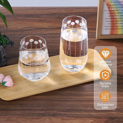 Set of 8 Etched Drinking Glasses, Hand Blown, 4 Highball Glasses 18oz & 4 Stemless Wine Glasses 15oz, Clear Water Glass Cups with Abstract Pattern, for Wedding, Gift