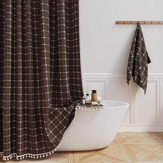 BTTN 78 Inch Long Shower Curtain - Boho Farmhouse Linen Ultra Thick Fabric Shower Curtain Set with Plastic Hooks, Tall Rustic Country Weighted Cloth Shower Curtains for Bathroom Decor - Brown - 72x78