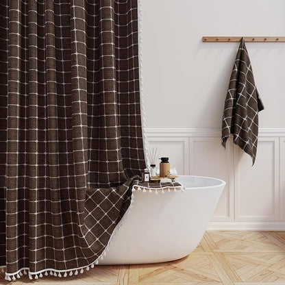 BTTN Extra Long Shower Curtain - 72x84 Inch Long Boho Chic Tassel Linen Fabric Shower Curtain Set with Hooks, Tall Modern Farmhouse Elegant Heavy Duty Thick Cloth Shower Curtains for Bathroom - Brown