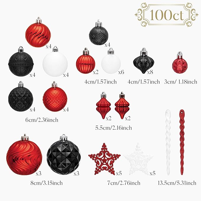 Valery Madelyn 100ct Christmas Tree Decorations Ball Ornament Set, Red and Black Shatterproof Hanging Ornaments Bulk for Xmas Holiday Party Decor