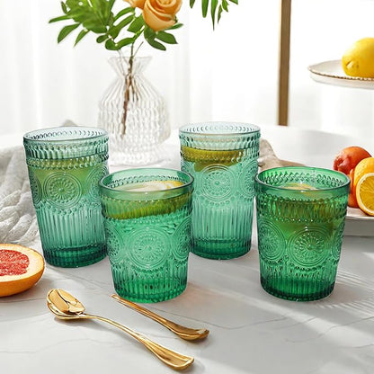 12pcs Vintage Drinking Glasses Set, 12 oz Highball Glasses & 9 oz Embossed Ribbed Glassware Cups for Cocktail, Water, Juice, Coffee, Whiskey (Atroviens)