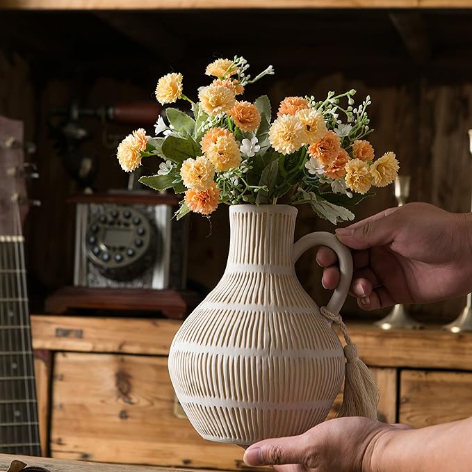 Rustic Ceramic Vase for Home Decor, Farmhouse Decorative Vases for Pampas Grass, Terracotta Vase with Tassel Design, Handle Flower Vase, Clay Vase for Living Room Decoration, 8 inch Tall