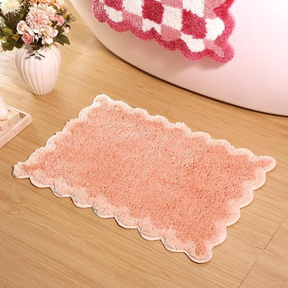 ORTIGIA Cute Coral Pink Scalloped Bath Mat, Fun Plush Microfiber Scallop Bathroom Rugs Non Slip Washable Quick Dry Absorbent, Bath Rug for Shower Stall Vanities Kitchen Floor Entrance, 17x24