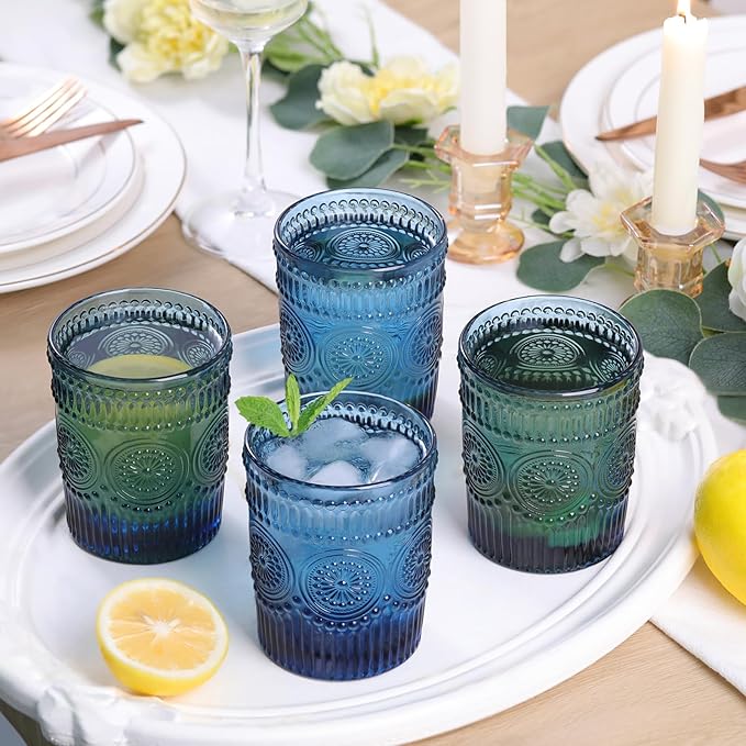 Vintage Glassware Drinking Glasses Set of 4-10.5 oz Blue Glasses Water Tumbler, Embossed Glassware Cups for Juice, Beer, Cocktail, Whiskey, Various Mixed Drinks