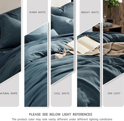 Geniospin Queen Comforter Set - 7 Pieces Comforter Queen Size, Soft Solid Bedding Set for All Season, Textured Bed in a Bag with Sheets, Pillowcases & Shams (Navy Blue, 90''x90'')