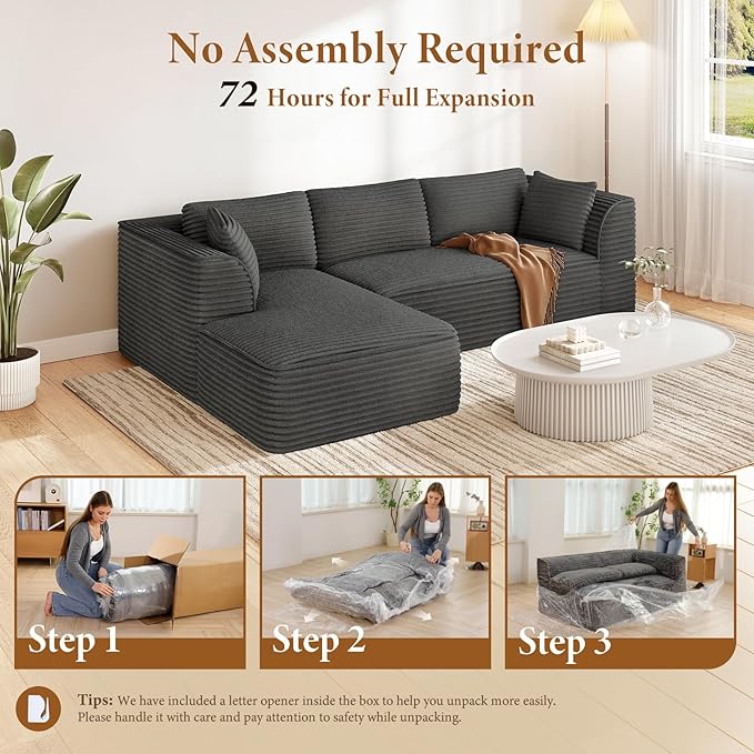 Vesgantti 106" Boneless Couch with Chaise, Deep Seat Comfy Cloud Modular Sofa Corduroy Sectional Couches for Living Room Bedroom, No Assembly Required (Grey, Left-Facing Chaise)