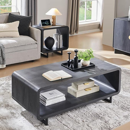 48" Modern Coffee Table, 2-Tier Minimalist Center Table with Storage Shelf, Curved Profile Design, Wooden Rectangular Living Room Table w/Wood Thick Design for Living Room, Office, Dark Grey