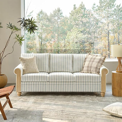 EcoHarbor Living 3-Seater Couch, Stripe 81" Mid-Century Modern Upholstered Sofa with Armrests, Stripe Couches for Living Room, Bedroom, Office, Apartment, Blue