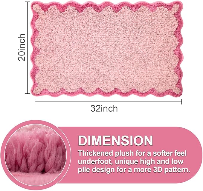 ORTIGIA Cute Pink Scalloped Bath Mat, Fun Plush Microfiber Scallop Bathroom Rugs Non Slip Washable Quick Dry Absorbent, Bathmat Bath Rug for Shower Stall Vanities Kitchen Floor Entrance, 20x32
