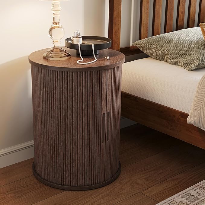 LINSY Round Fluted Nightstand, Mid Century Modern Tall Side Table with Storage, End Table with Sliding Tambour Doors, Adjustable Shelf, Small Wood Bedside Table for Bedroom, Living Room, Walnut
