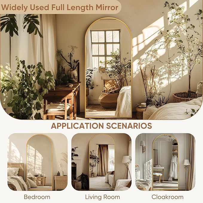 Full Length Mirror, 71"x32" Oversized Arched Large Standing, Tall Body Floor Mirror Wall Hanging for Bedroom Living Room Aluminum Frame,Gold