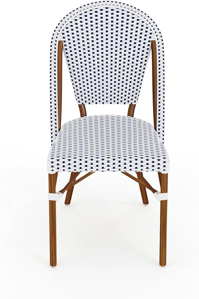 Martha Stewart Lily Pond Indoor-Outdoor Stackable Aluminum Bistro Outdoor Chair with Natural Woodgrain Frame Finish and White/Navy Woven Rattan Backrest and Seat