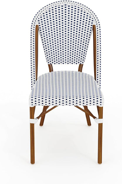 Martha Stewart Lily Pond Indoor-Outdoor Stackable Aluminum Bistro Outdoor Chair with Natural Woodgrain Frame Finish and White/Navy Woven Rattan Backrest and Seat