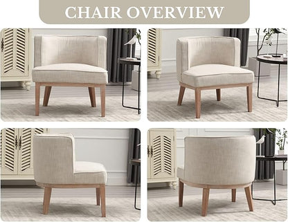 Barrel Chairs Set of 2 Mid Century Modern Accent Chair with Solid Wood Leg Upholstered Reading Arm Chairs Linen Fabric Waiting Room Round Side Chairs for Small Spaces Living Room Bedroom Office, Beige