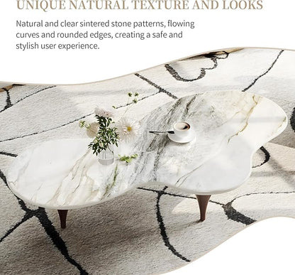 54.7" Irregular Modern Coffee Table Unique Wave-Shaped Design, Sintered Stone Living Room Table with Wood-Like Texture Metal Legs, Easy Assembly Cloud Tea Table for Living Room, Bedroom