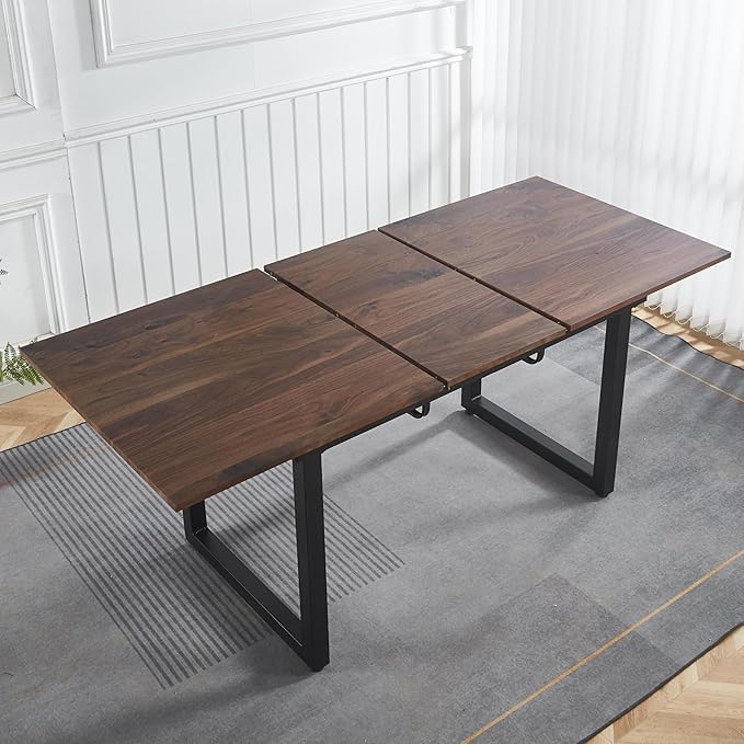 55''- 71'' Extendable Dining Room Table, Expandable Dining Table with Metal Leg, Modern Mid Century Large Table, for 2-6 Person, Walnut Brown
