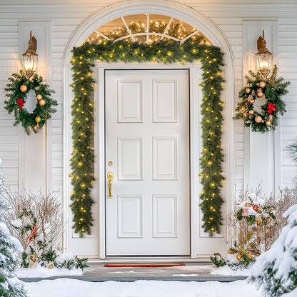 Guirnalda de Navidad preiluminada de 9 pies, Christmas guirnalda de pino Norfolk artificial iluminada con luces multicolor, guirnalda a pilas para manto, escaleras, mesa, chimenea, decoraciones de Navidad