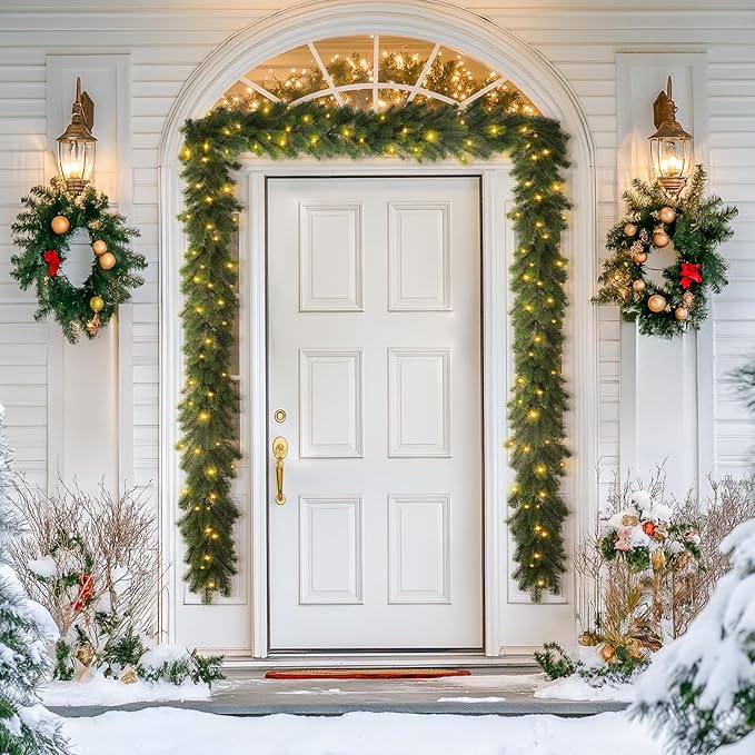 2 guirnaldas de Navidad preiluminadas de 9 pies, Christmas guirnalda de pino Norfolk artificial iluminada con luces multicolor, guirnalda a pilas para manto, escaleras, mesa, chimenea, decoración de Navidad al