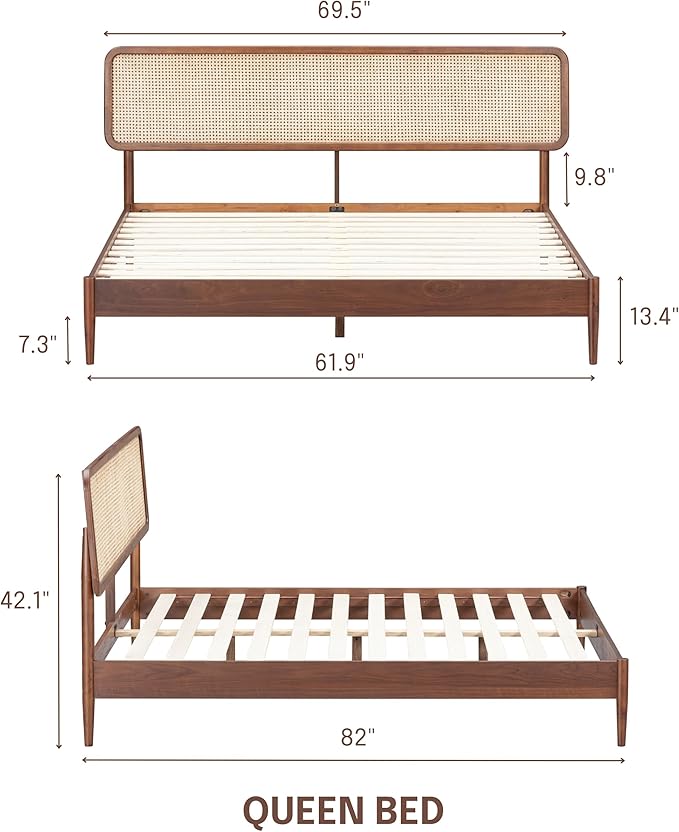 NTC Lupin Wooden Bed Frame with Headboard and Natural Rattan, Solid Oak/Rubber Wood Foundation with Silent Slats, 1000 Lb Capacity, Effortless Assembly (Natural Cane - Dark Walnut, Queen)