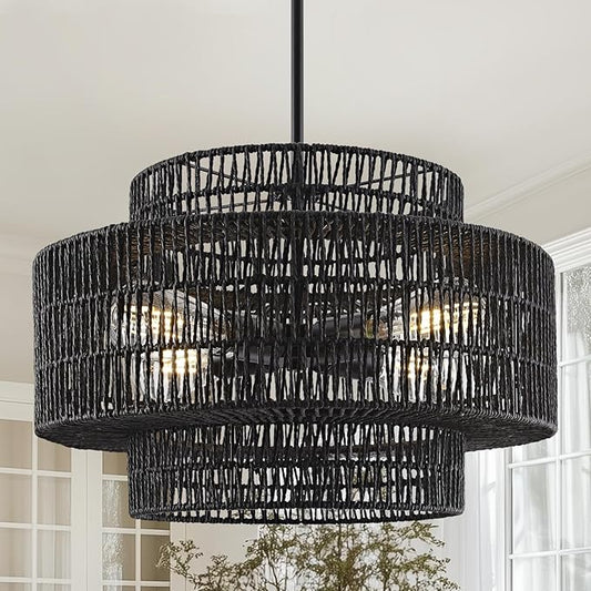 4-Light Black Boho Rattan Chandelier Light Fixture, 17.7” Hand Woven Rustic Chandeliers Farmhouse Chandelier Hanging Light for Dining Room Kitchen Island, Living Room, Foyer