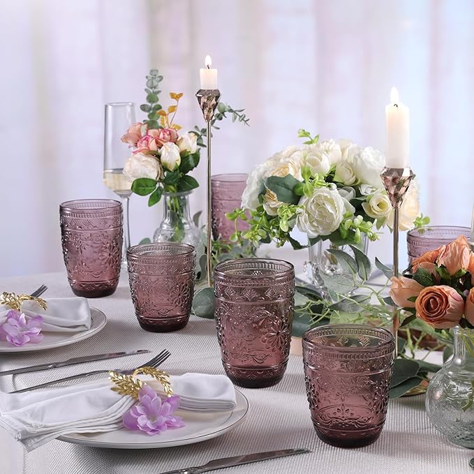 14OZ Drinking Glasses Set of 4, Purple Drinking Glasses, Colored Glassware Drinking, Highball Beverage Glasses Cup, Vintage Glassware Set for Water, Juice, Cocktail, Coffee