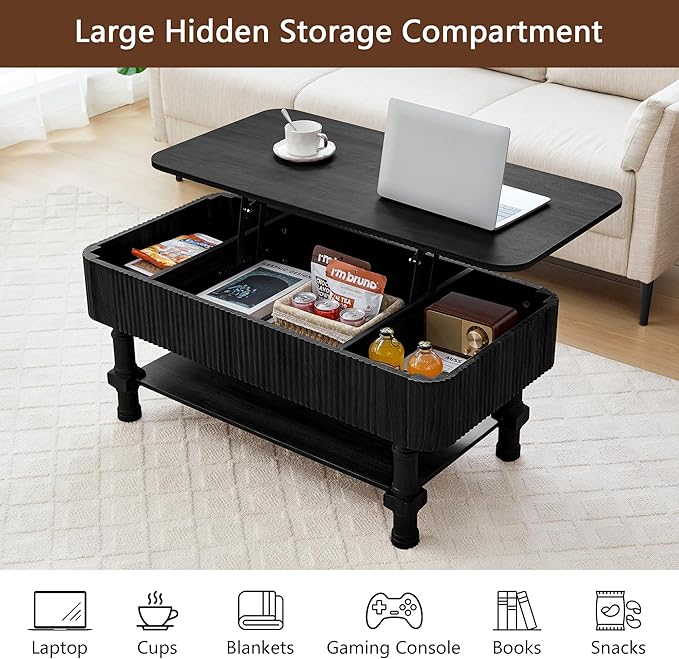 39”Large Lift Top Coffee Table with Hidden Storage Compartment,Fluted Coffee Tables Fully Assembled Wooden Center Table,Mid Century Modern Lift Tabletop Dining Table for Living Room Home Office,Black