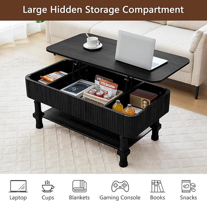 39”Large Lift Top Coffee Table with Hidden Storage Compartment,Fluted Coffee Tables Fully Assembled Wooden Center Table,Mid Century Modern Lift Tabletop Dining Table for Living Room Home Office,Black