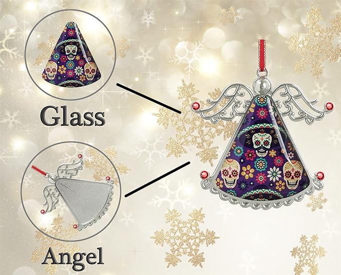 XUTAI Angel Christmas Tree Ornaments Sugar Skulls Flowers on Dark Glass Hanging Angel Glass Pendant for Holiday Decoration